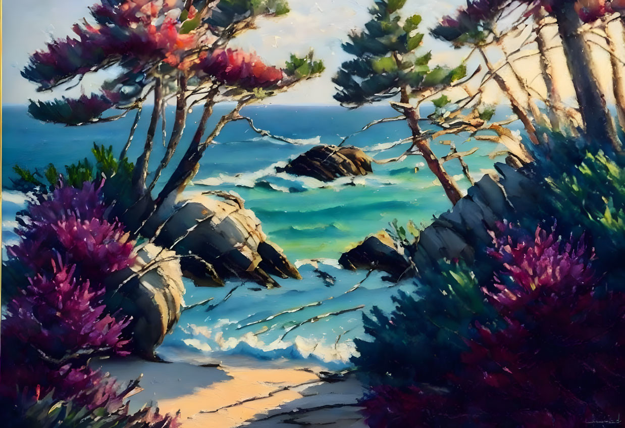spontaneous pine trees & ocean rocks oil on canvas