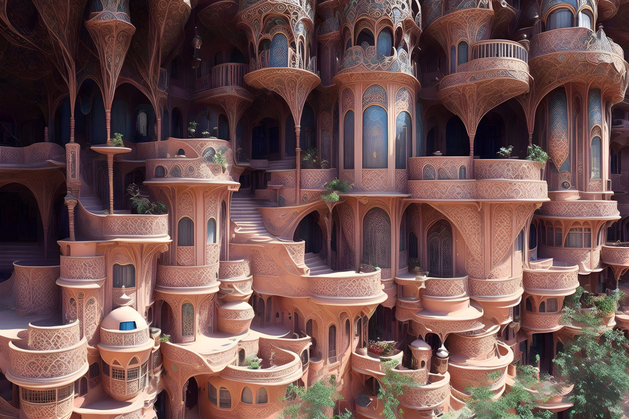 Ornate Fantasy Architecture with Arabesque Windows & Desert Palette