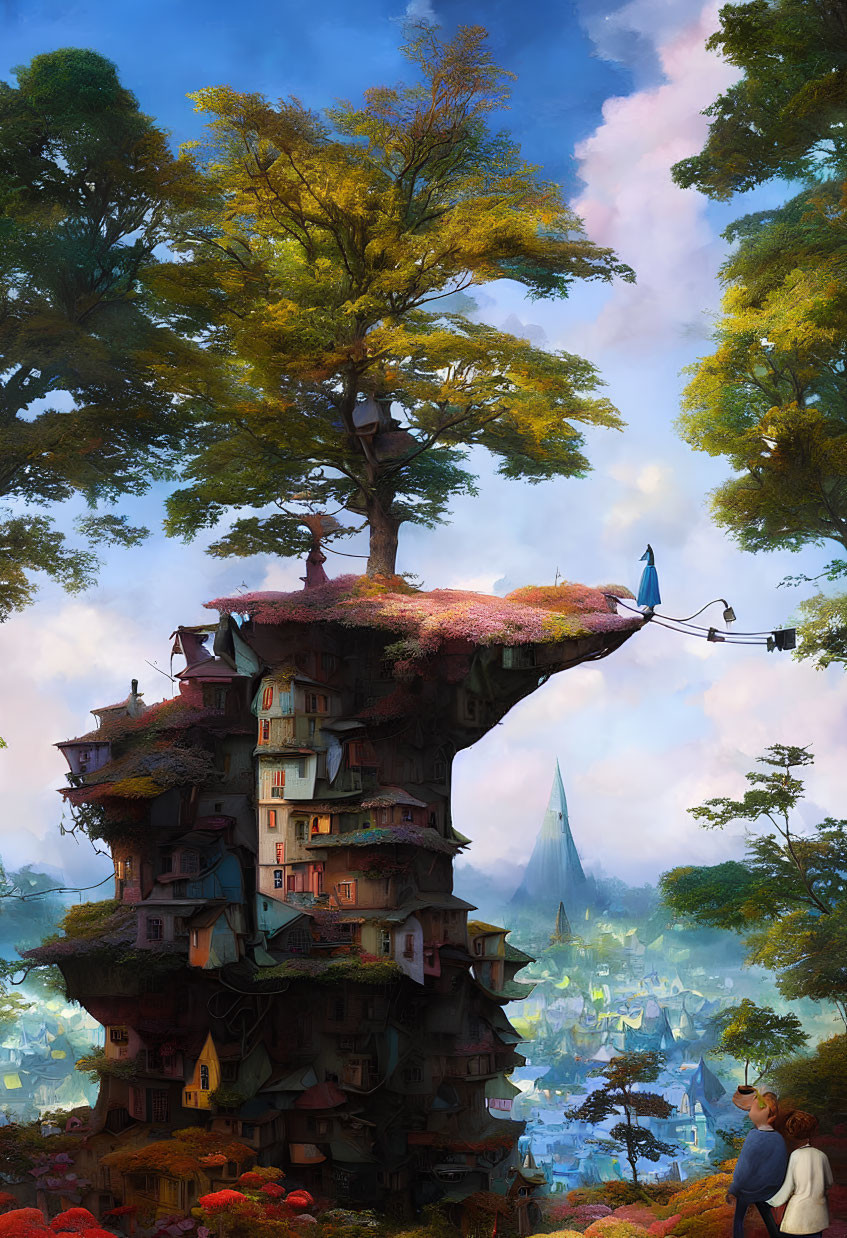 Whimsical Vertical Village with Stacked Houses on Tree-Like Structure