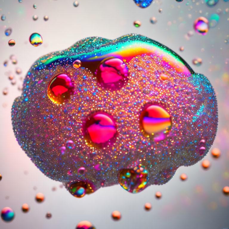 Glitter-covered object with rainbow light refractions and water droplets