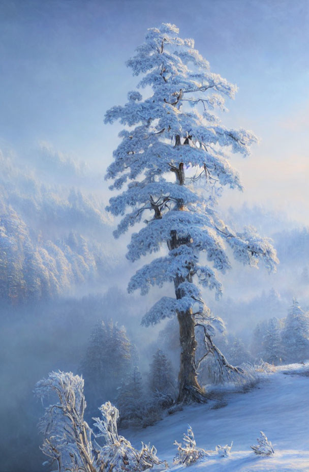 dreamy impressionistic white winter snow valley
