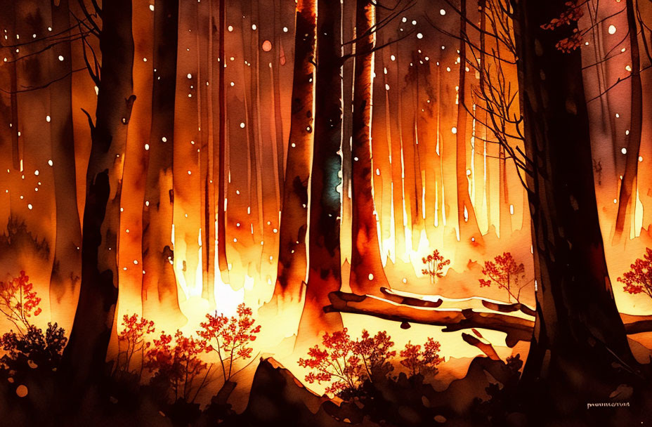 deep wooded forest fire, seen through the trees