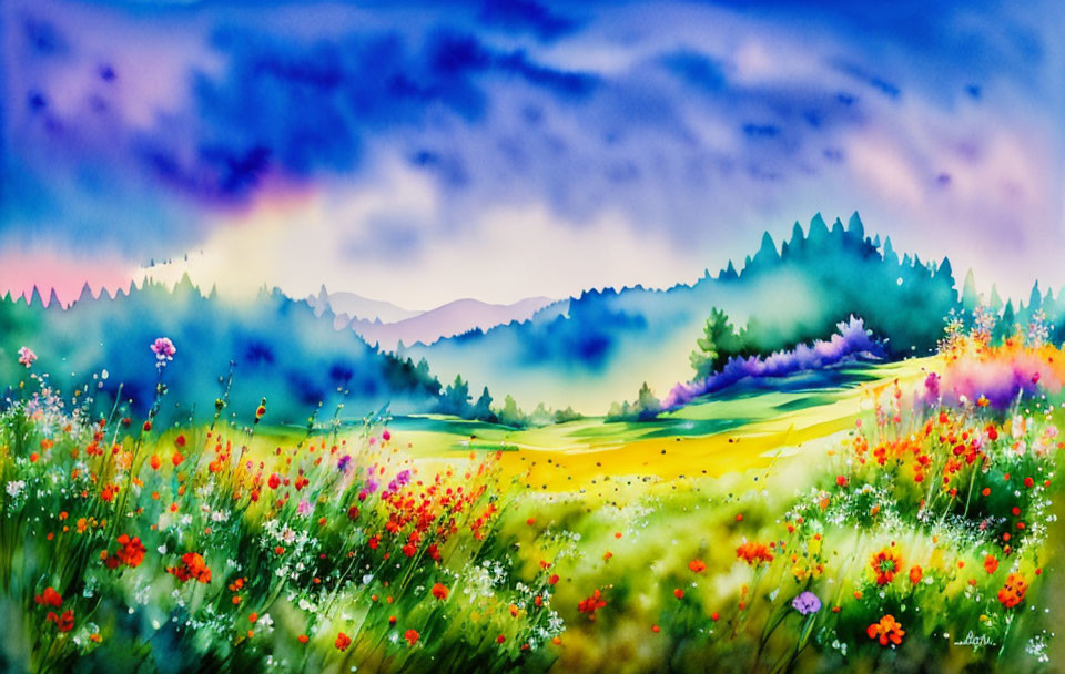 vibrant abstract watercolor sunlit meadow flowers
