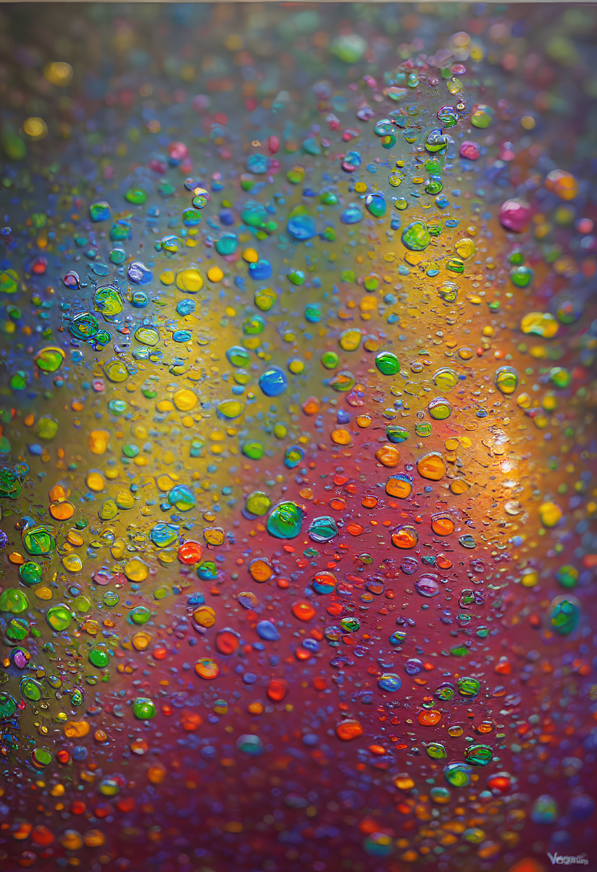 Multicolored Water Droplets on Reflective Surface