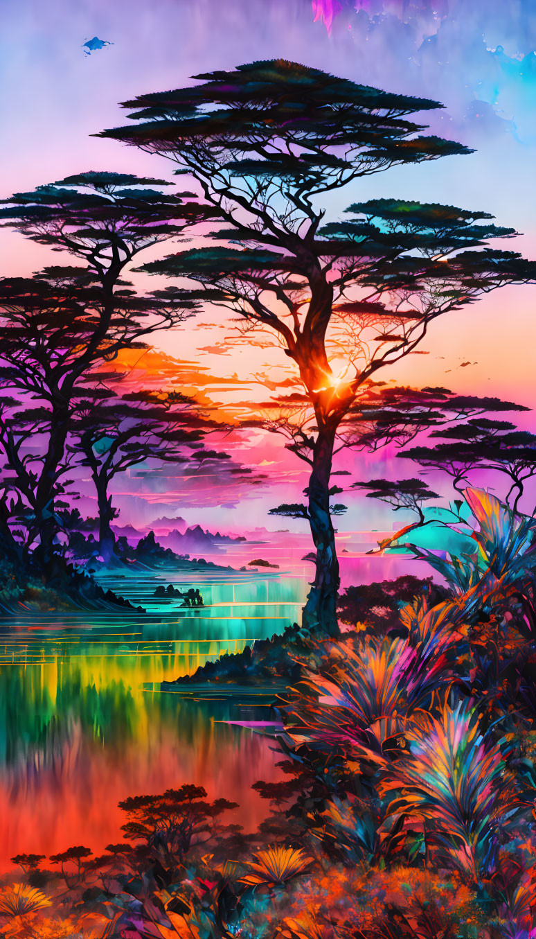 african sunset, watercolor & ink, art illustration