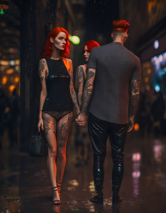 couple on the street at night in the rain