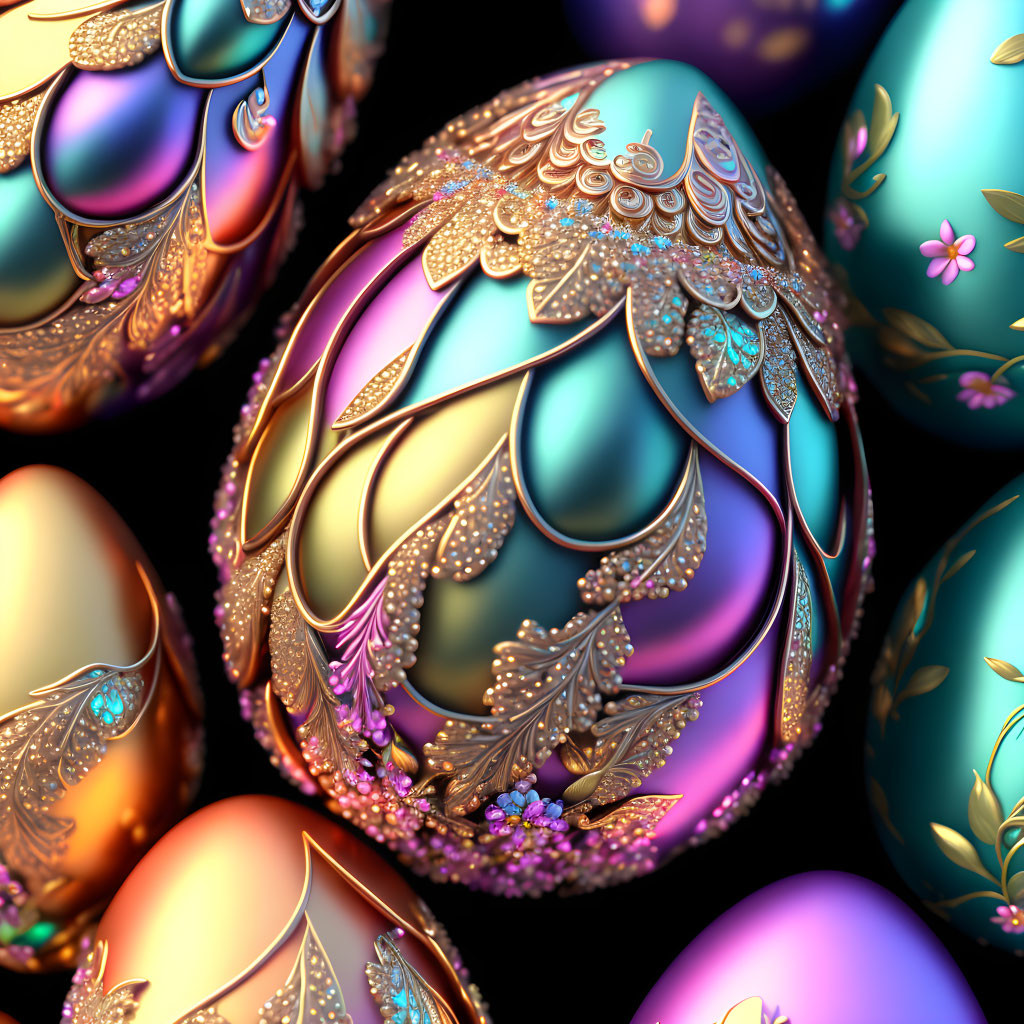 Intricate Gold and Floral Patterns on Vibrant Digital Easter Eggs
