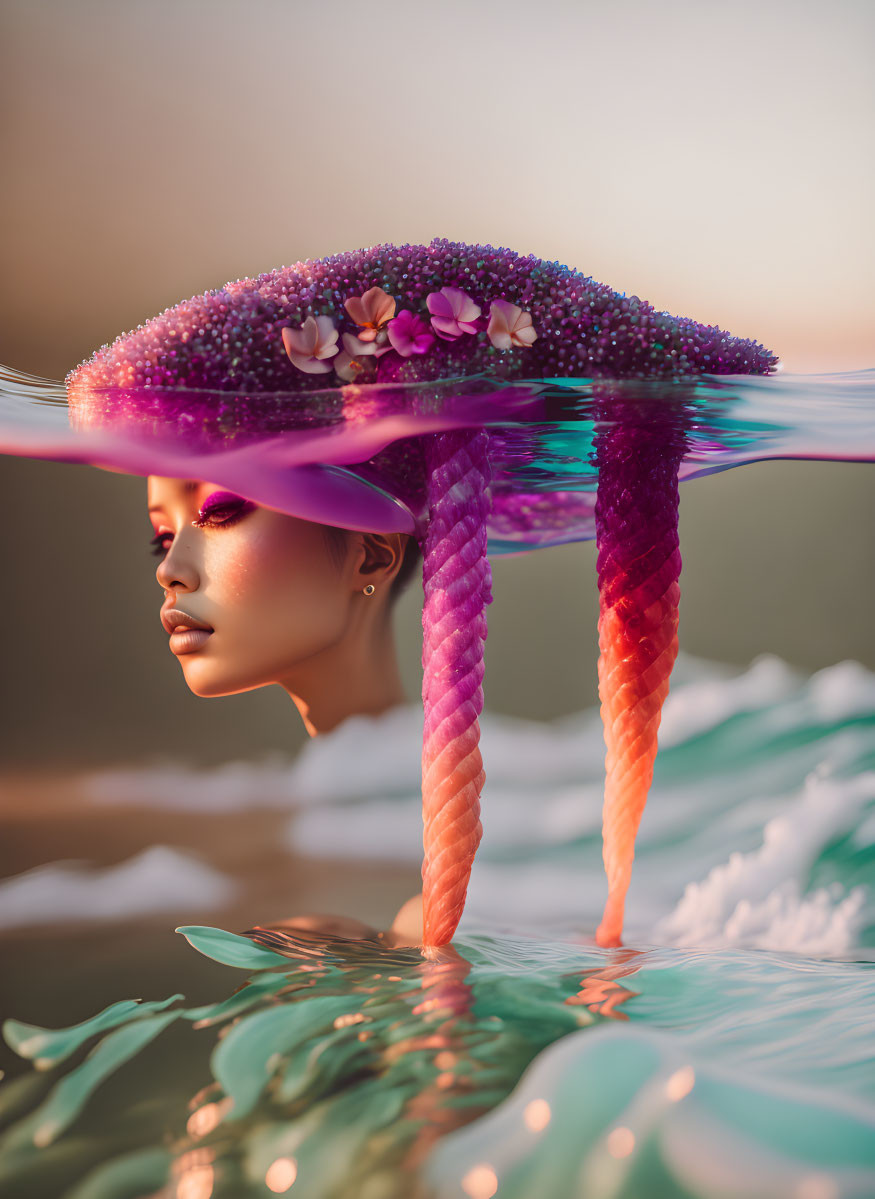 ai, surreal tropical purple mermaid hairdo 