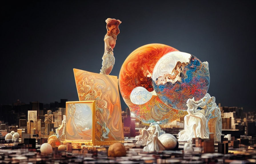 Surreal cityscape with woman, marbled spheres, golden objects, and orange planet