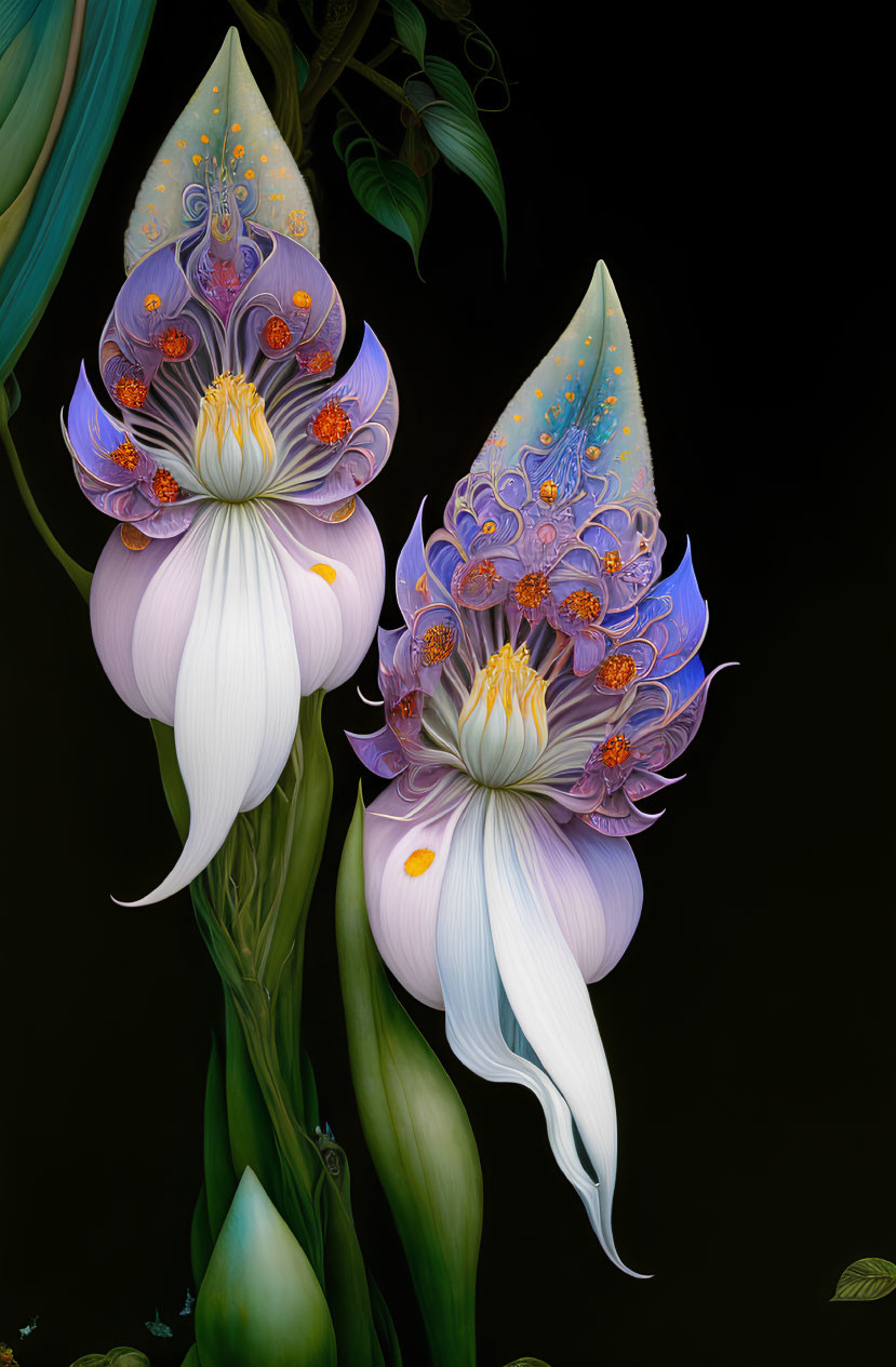 Surreal white flowers with purple and blue patterns on dark background