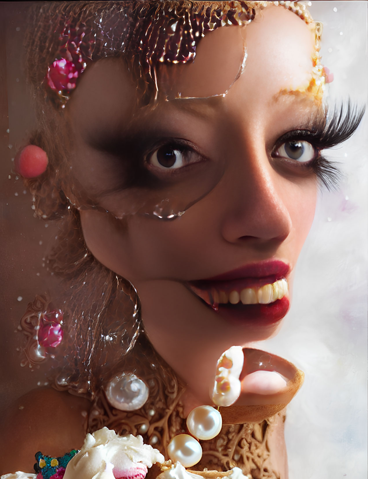 Portrait of a woman with artistic makeup and playful expression, adorned with pearls, flowers, and beads.