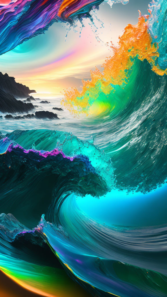 Colorful digital artwork: Waves blending into surreal seascape
