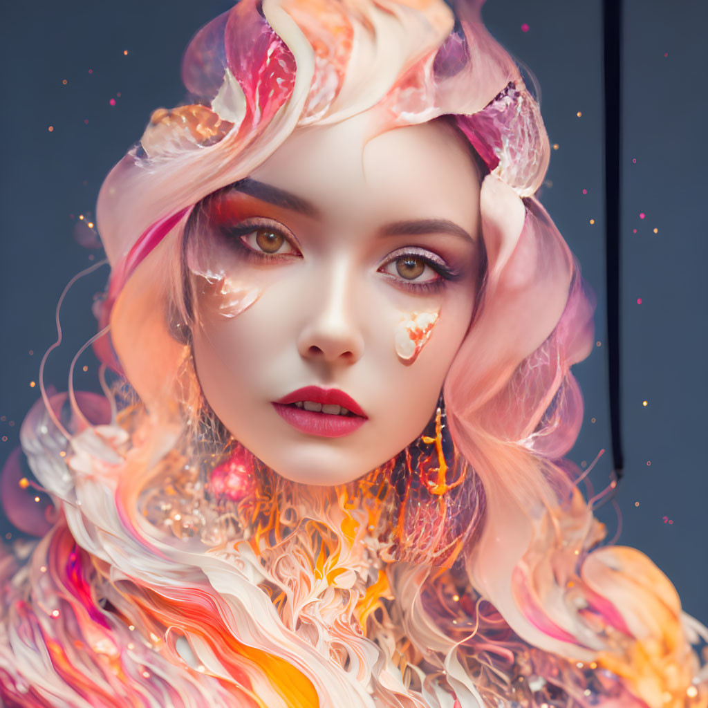 Colorful surreal portrait with swirling textures and sparkling accents