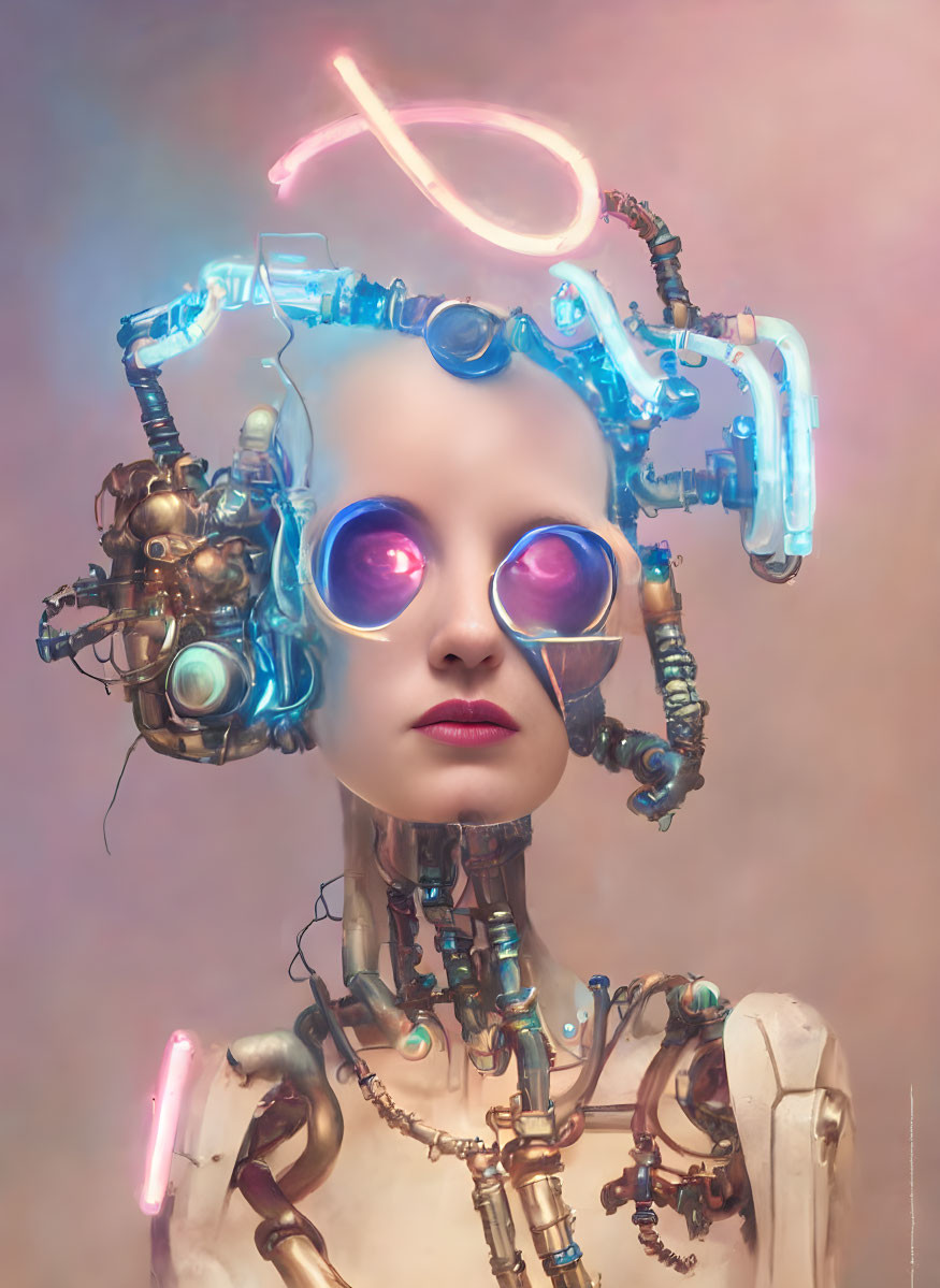 steampunk cybernetic glowing neon robot girl
