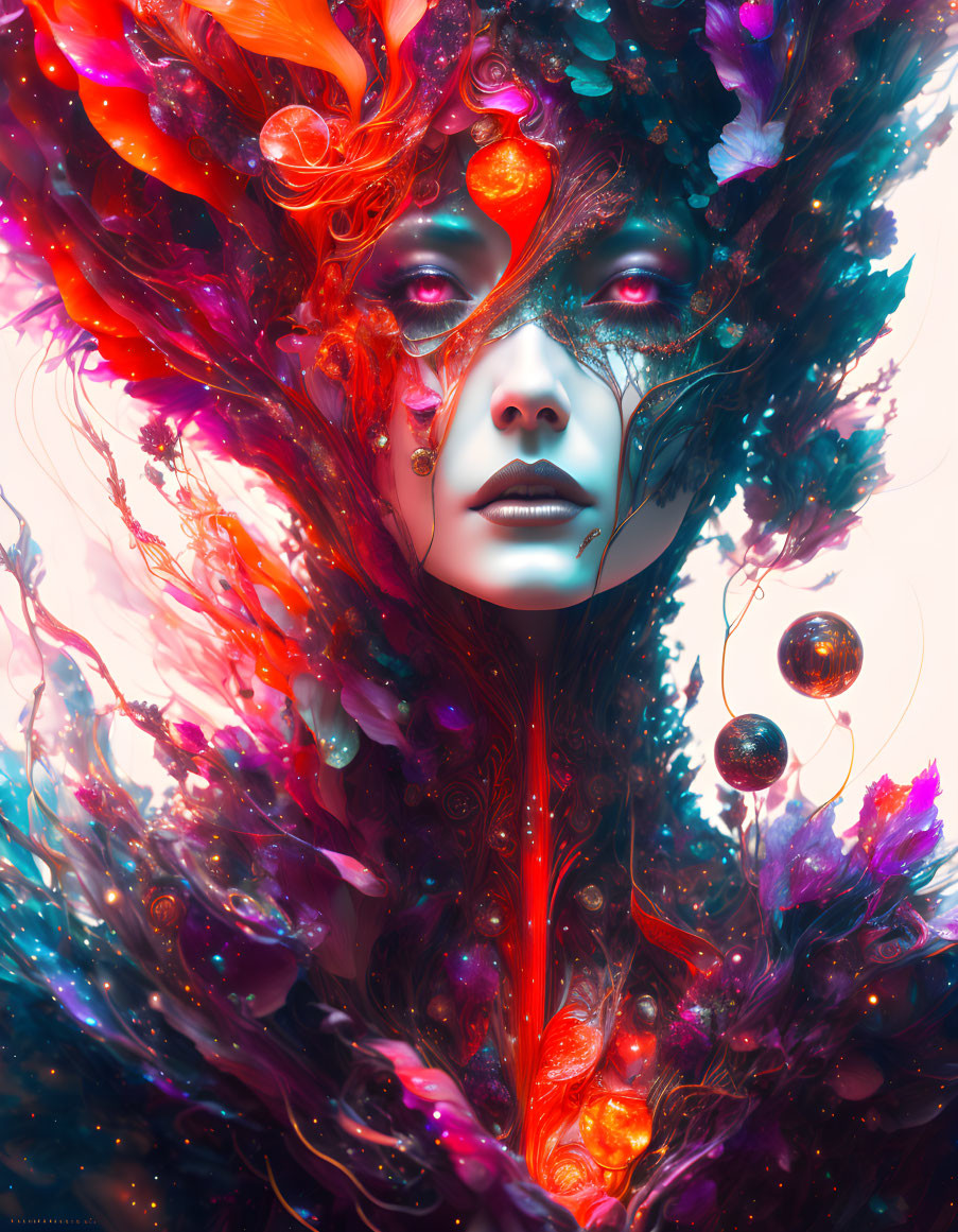 Colorful surreal digital artwork of female figure with fantasy foliage and objects.