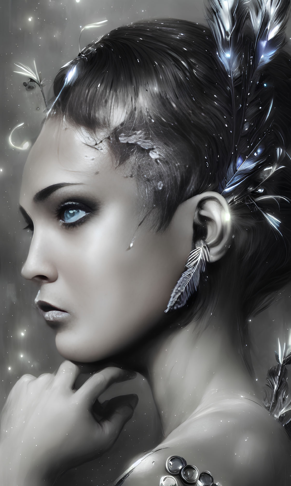 Metallic-skinned woman with feather adornments and earring on starry backdrop