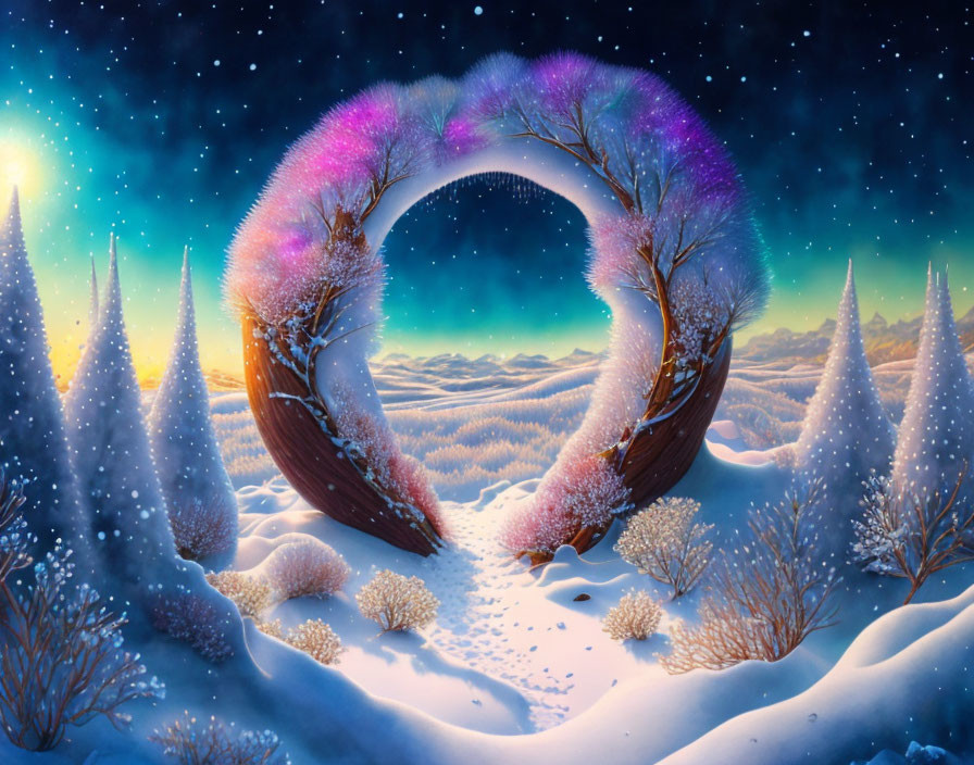 Colorful Ring Structure in Whimsical Winter Night Scene