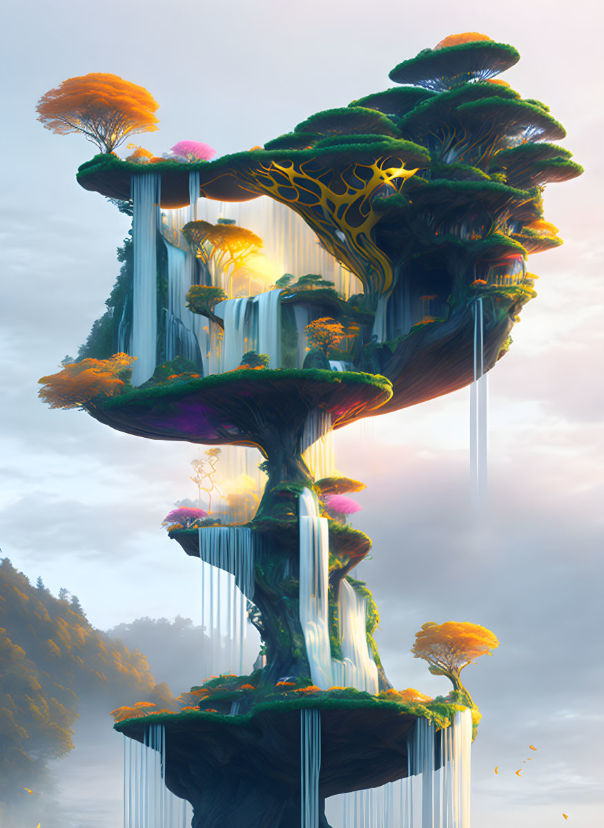 ai, biomorphic treehouse, waterfalls, fantasy