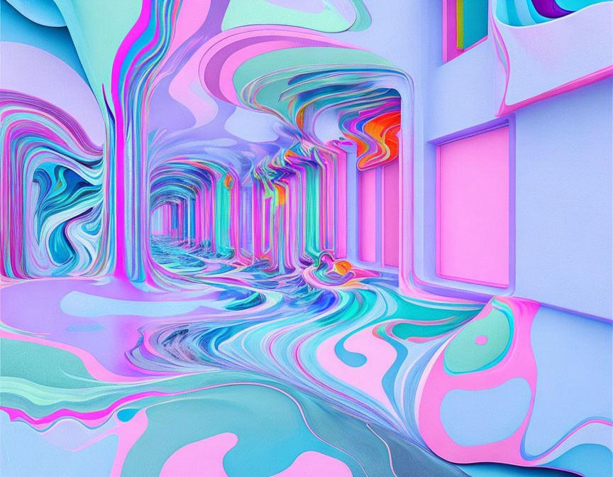 Colorful Psychedelic Swirls in Surreal Infinite Hallway