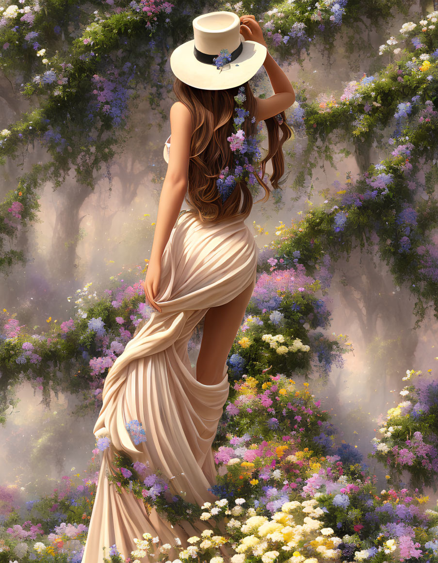 Woman in flowing dress and hat surrounded by lush flowers in mystical landscape