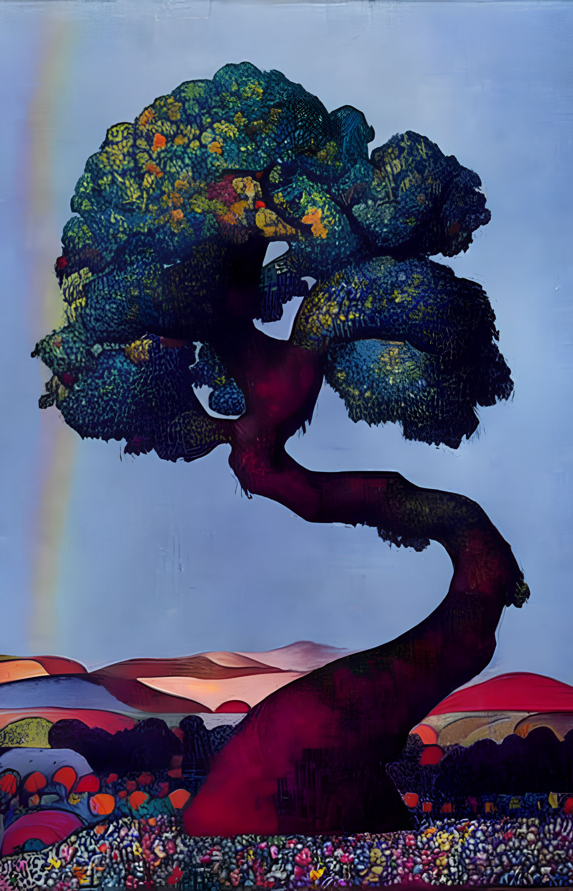Whimsical tree with twisted trunk and vibrant canopy in surreal landscape
