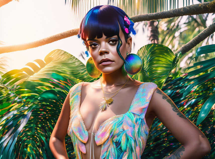 ai, bust shot of lily allen in a tropical jungle