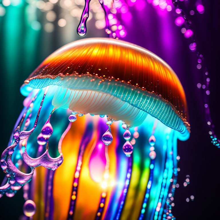 Colorful Jellyfish Digital Artwork with Glowing Body and Water Droplets