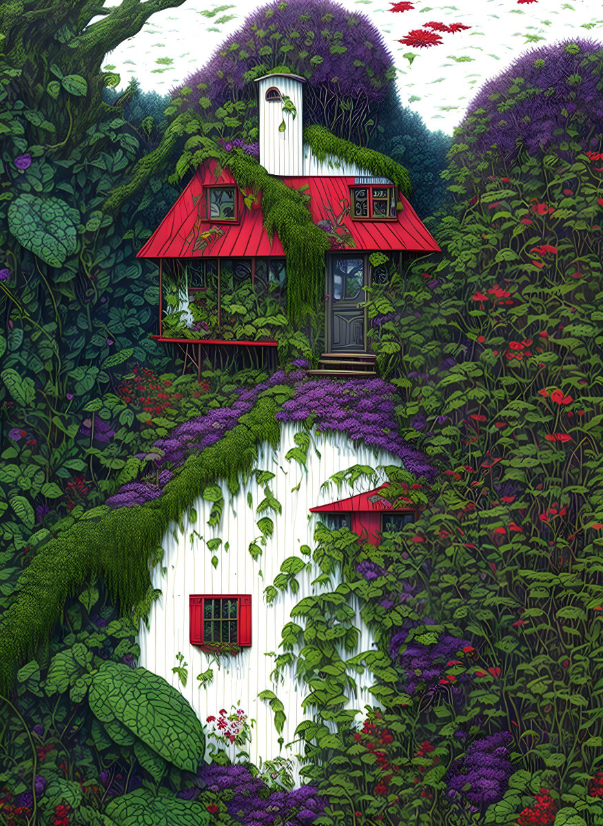 abandoned tiny white & red house, overgrown plants