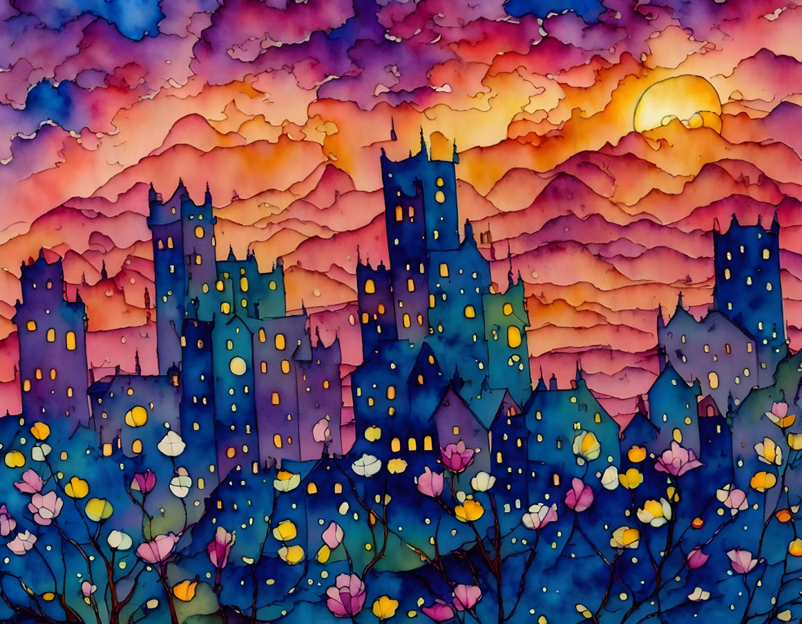 flowers & city skyline sunset watercolor landscape