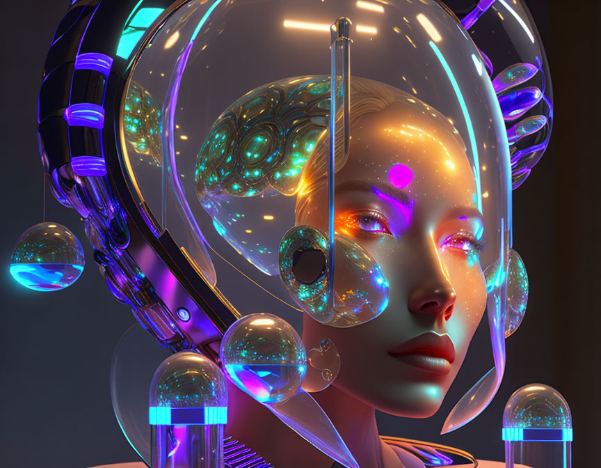 a cyborgs glossy space helmet, with glowing tubes