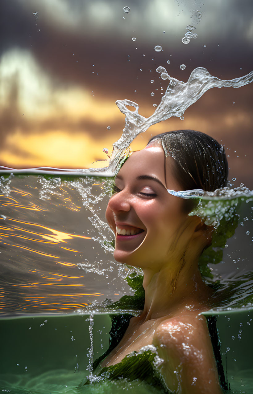 glowing surreal smiling bath woman