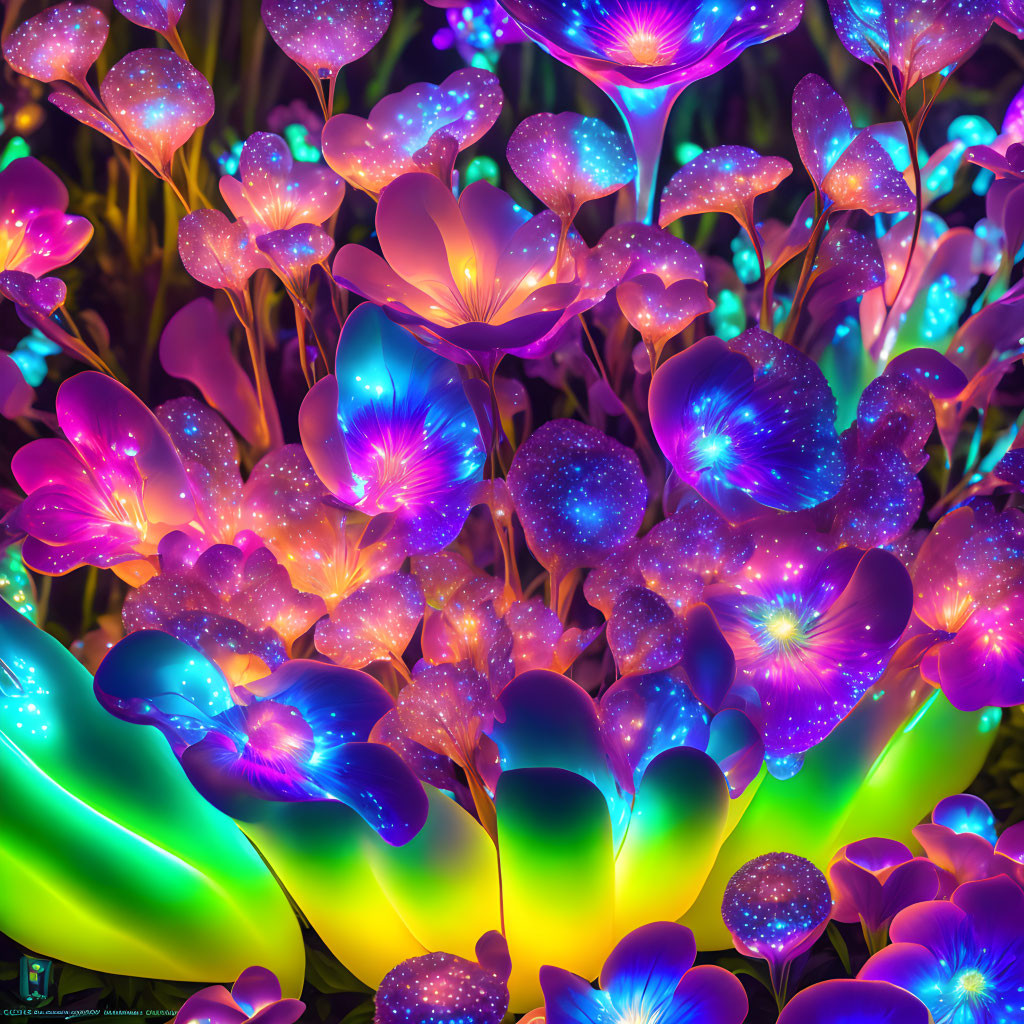 ai, fantasy glowing biomorphic flowers at night