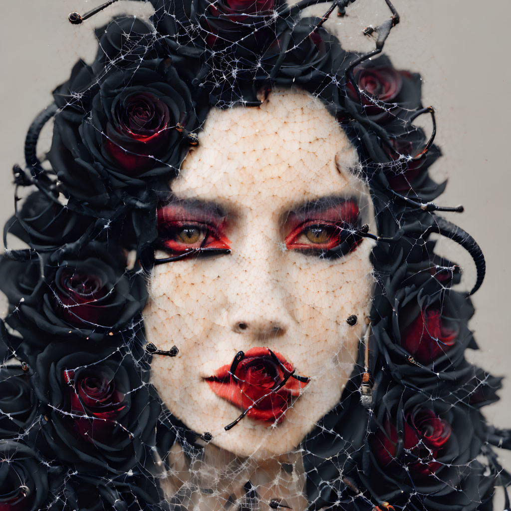 Portrait of person with dark hair, red roses, dramatic eye makeup, rose in mouth, spider web