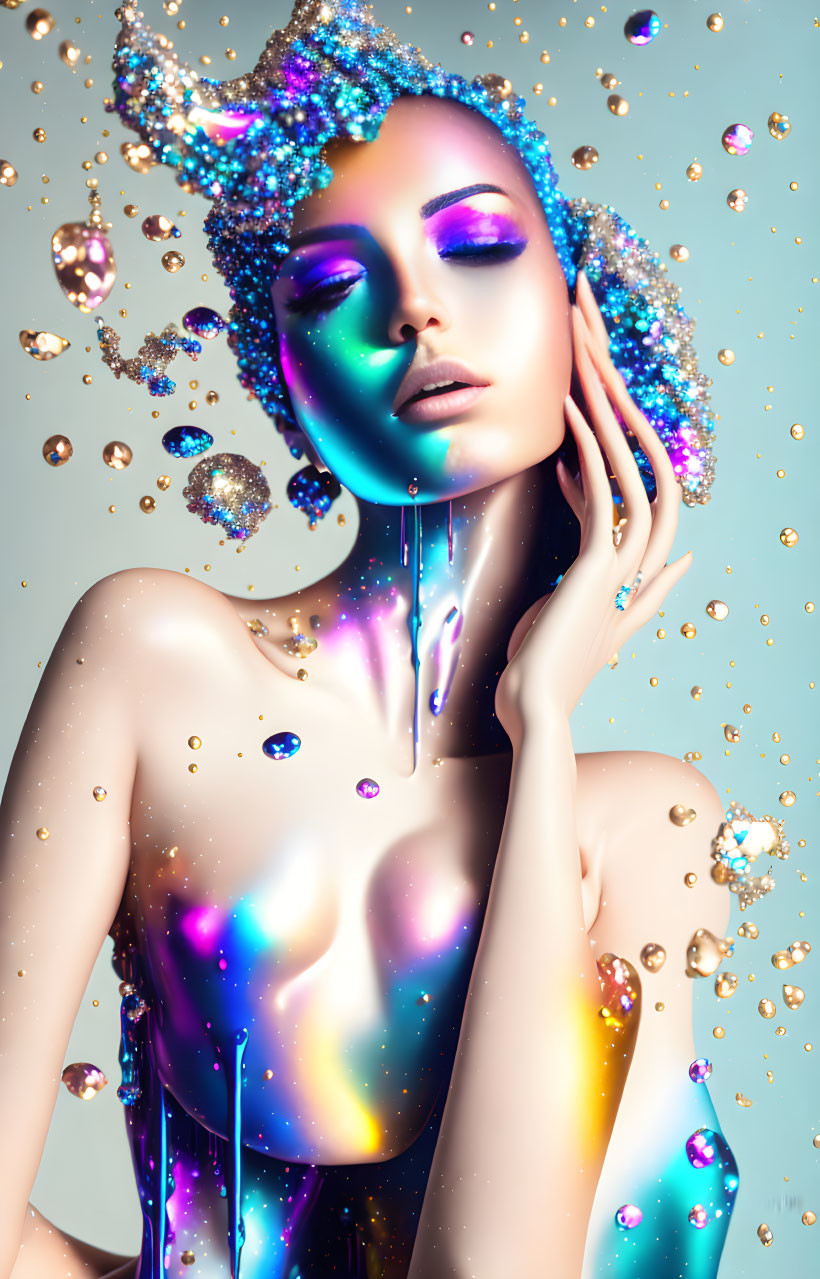 Colorful person with glittery makeup and iridescent bubbles on blue background