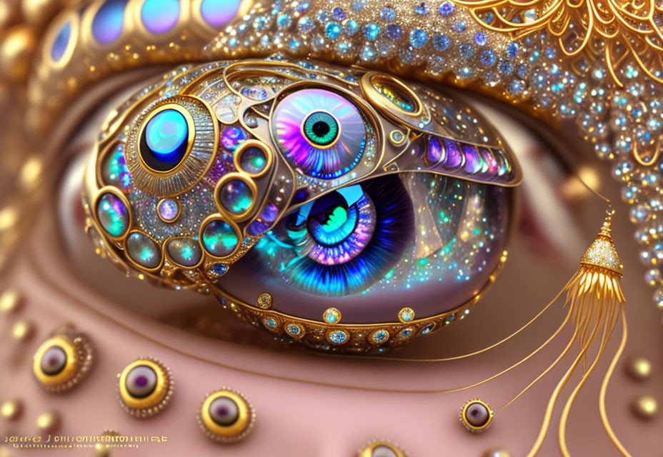 Detailed digital artwork: mechanical eye with blue irises in ornate, surreal setting