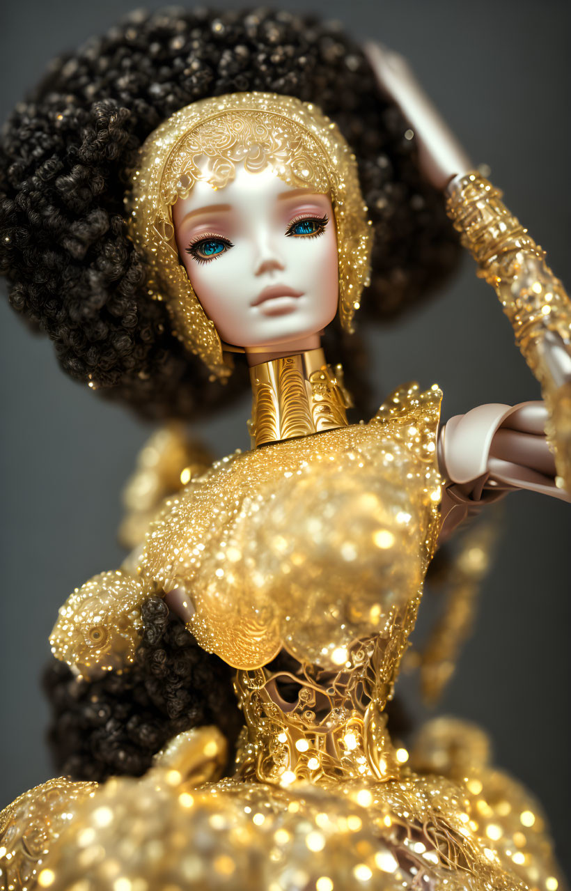 head shot of barbie doll with golden robot torso 