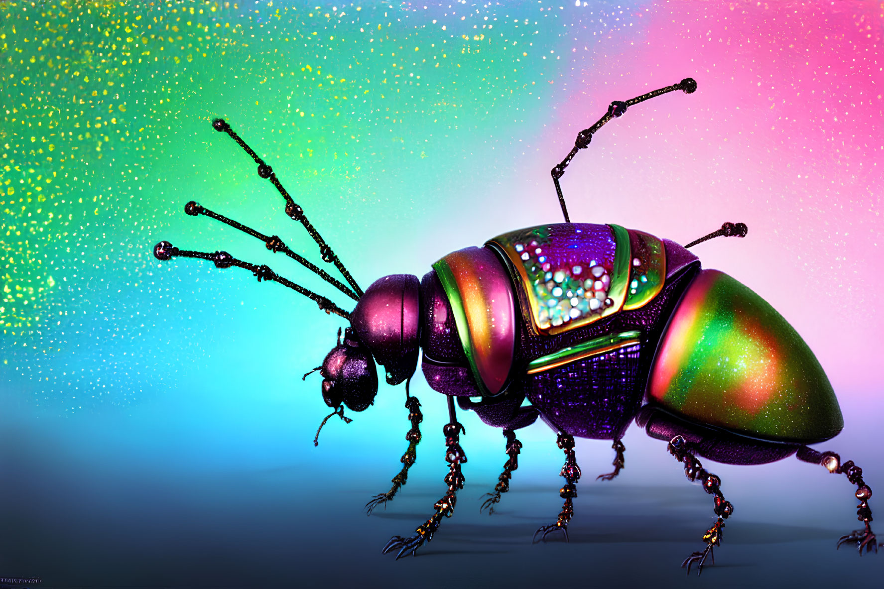 Colorful Iridescent Beetle with Delicate Antennae on Sparkling Gradient Background