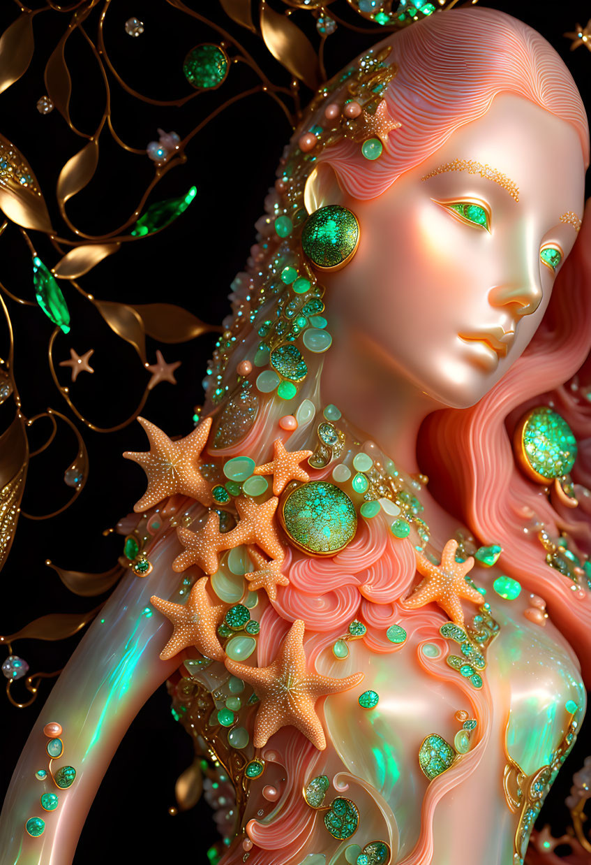 opaline mermaid statue, translucent, corals pearls