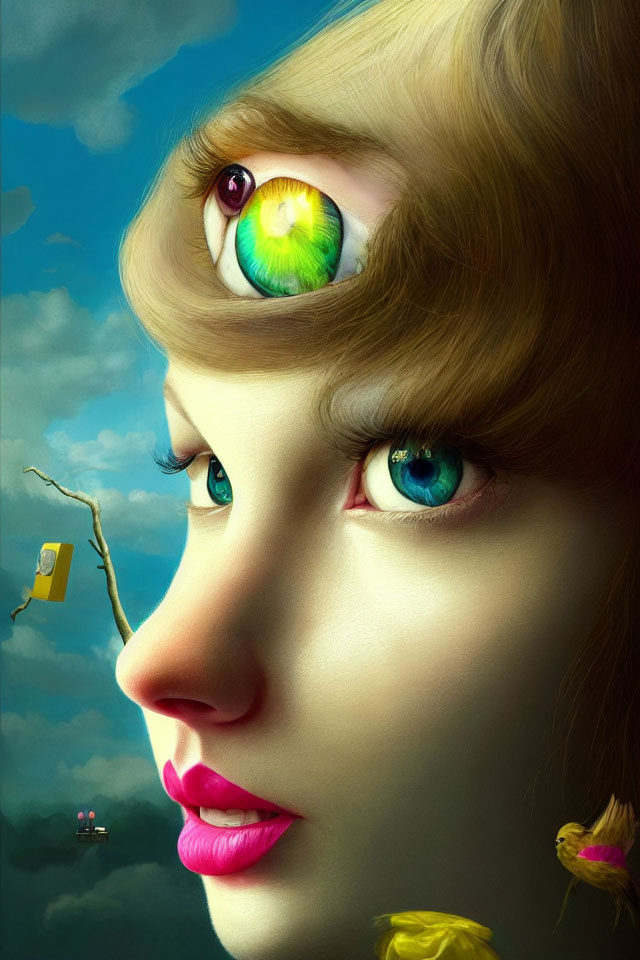 Surreal portrait of woman with large eye on forehead against cloudy sky