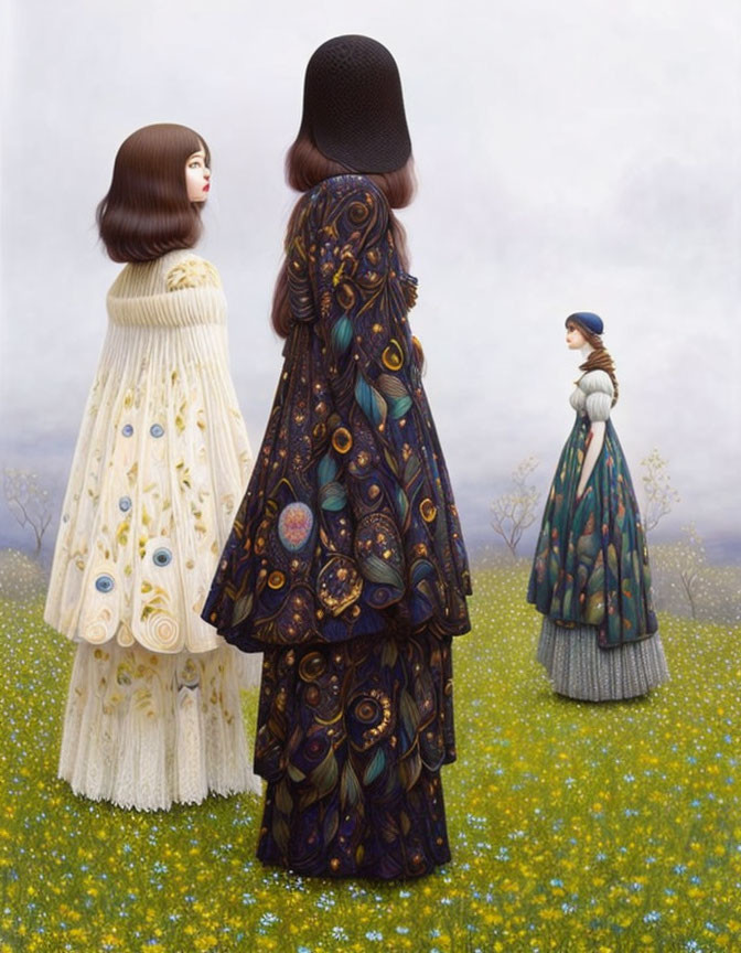 tall women standing in a field, surreal