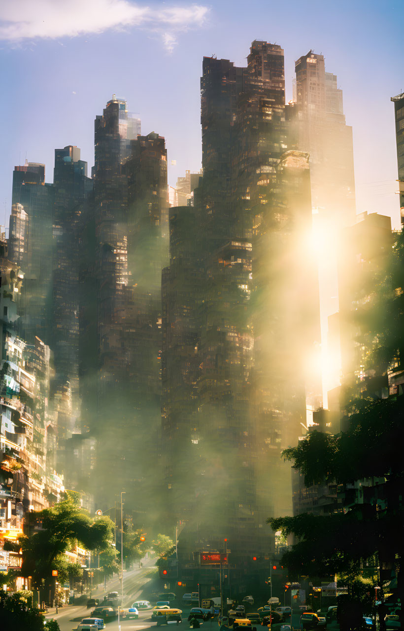 City street with skyscrapers and sunlight filtering through haze