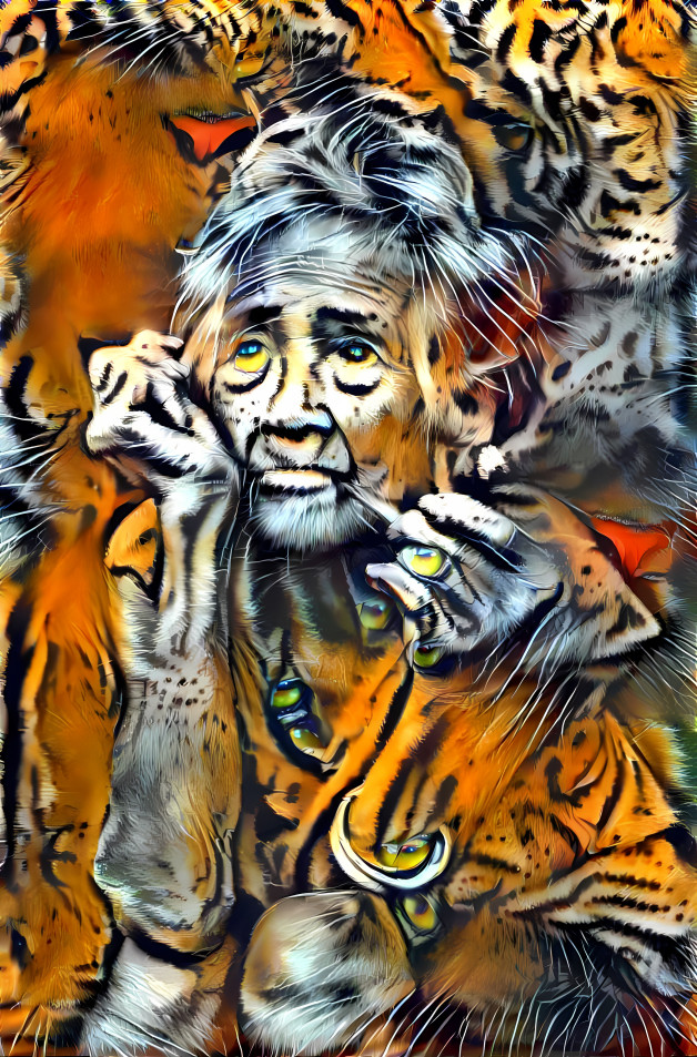portrait photography old woman smoking, tiger