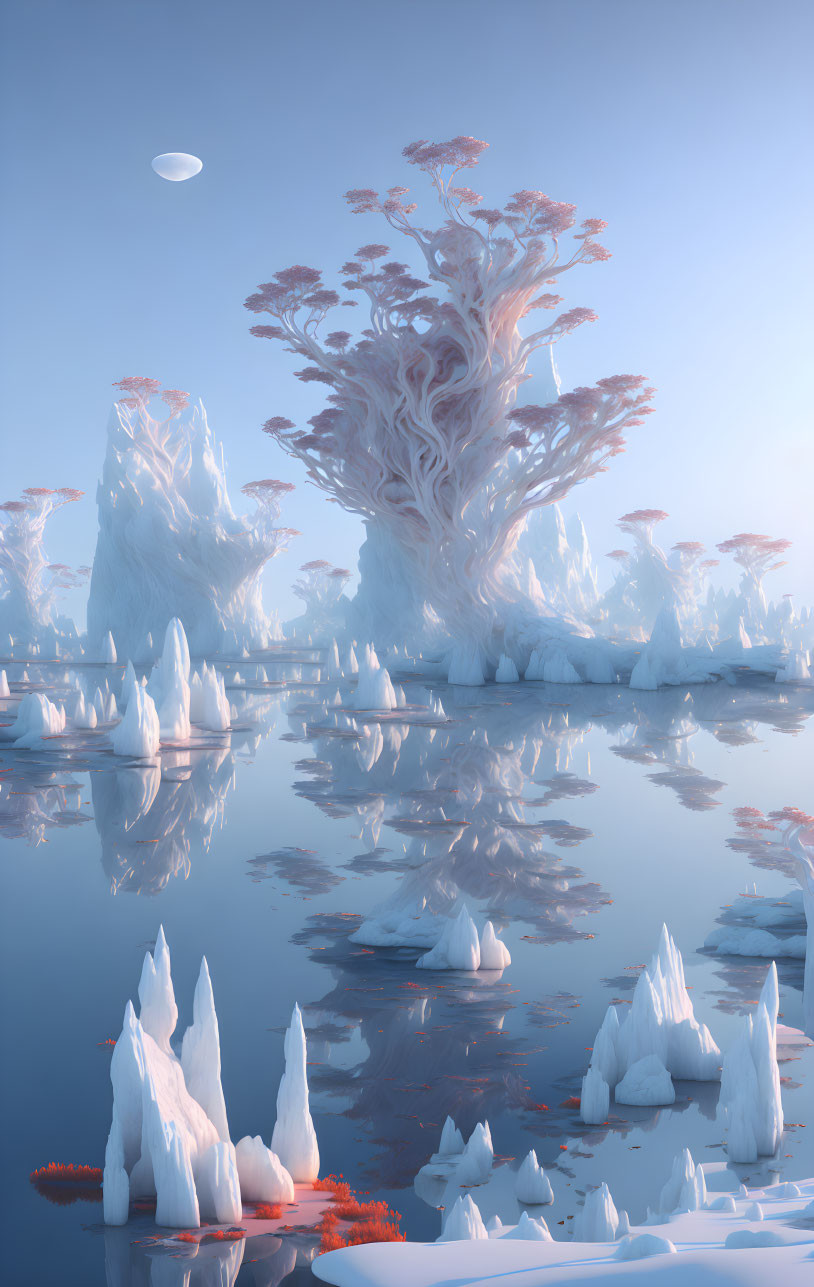 surreal alien winter rock lake fantasy landscape