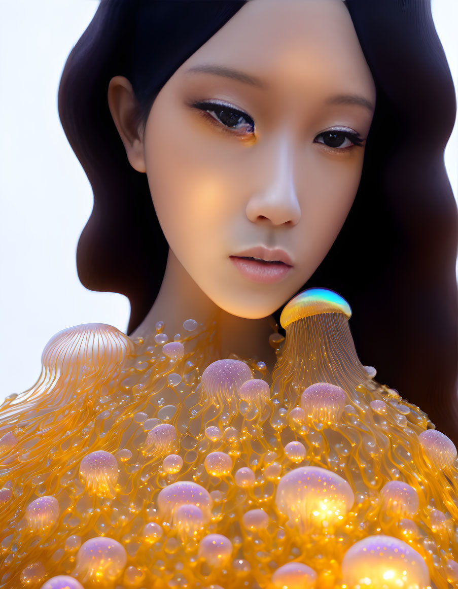 Surreal stylized female figure with ethereal glow and orange bubble neckline