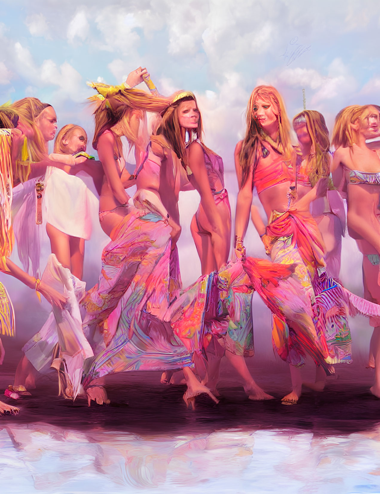 Colorfully dressed animated women dancing joyfully under a cloudy sky.
