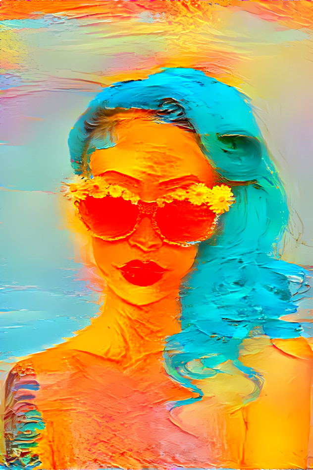 model in sunglasses, orange, aqua, painting