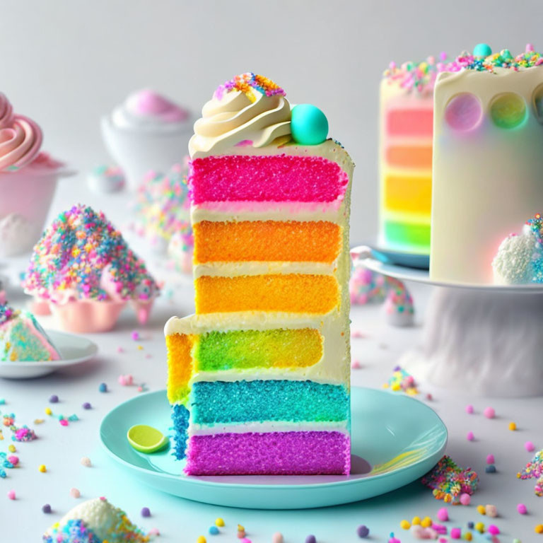 Colorful Rainbow Layer Cake with Frosting, Sprinkles, and Candy on Light Blue Plate