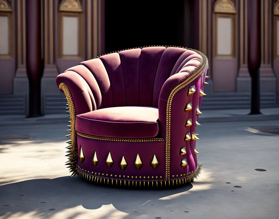 Purple Velvet Armchair with Golden Studs and Spikes in Classical Outdoor Setting