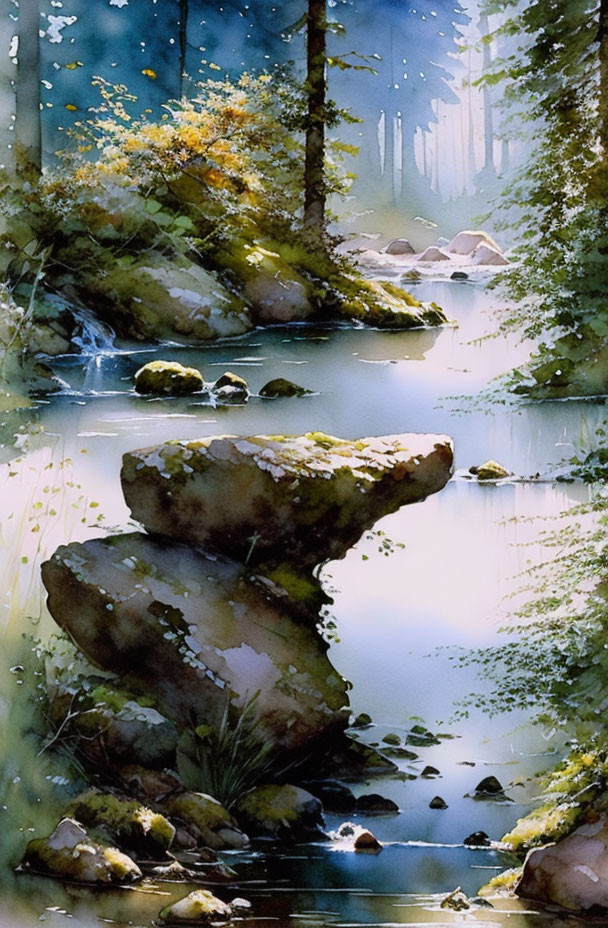 freshwater woodland spring, moss, ferns watercolor