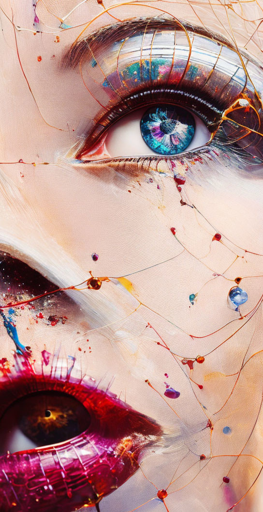 Vibrant artistic eyes with colorful makeup and paint splashes on textured background